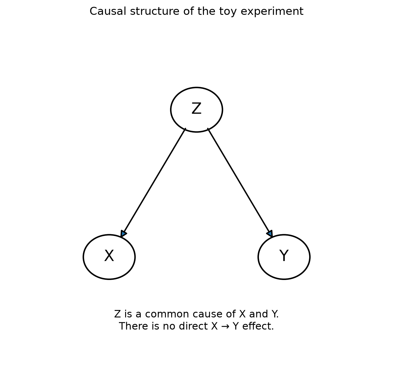 Causal graph showing Z pointing to both X and Y, with no arrow between X and Y.